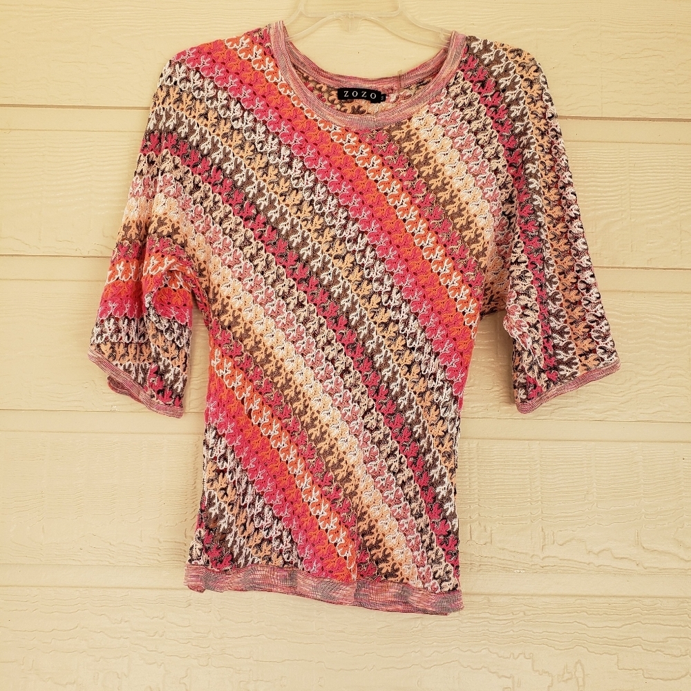 Boho FESTIVAL Vintage Striped Top Stretch Scoop short sleeve